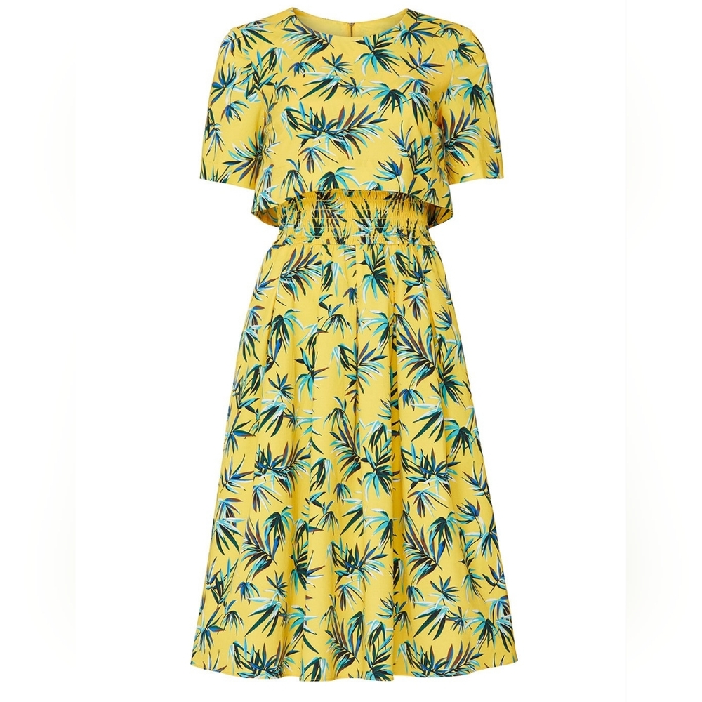 Autumn Adeigbo Tropical Yellow Midi Dress Green Leaf Print Elastic Waist Size 2